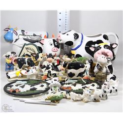 BOX OF ASSORTED COW ITEMS; TEA POT, PIGGY BANKS,