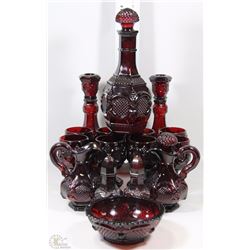 BOX OF RED AVON DECANTER, CANDLE HOLDERS, DISH,
