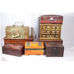 FLAT OF ASSORTED WOODEN JEWELRY BOXES AND COPPER