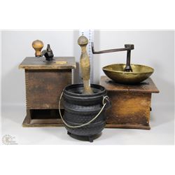 BOX OF 2 ANTIQUE COFFEE GRINDERS AND A CAST IRON