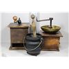 Image 1 : BOX OF 2 ANTIQUE COFFEE GRINDERS AND A CAST IRON