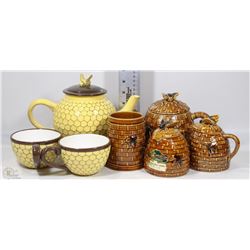 FLAT OF BEE HIVE THEMED TEA POTS AND CUPS, ETC