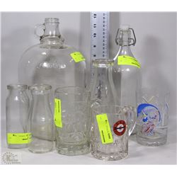 BOX OF ASSORTED GLASS MUGS, CUPS, BOTTLES