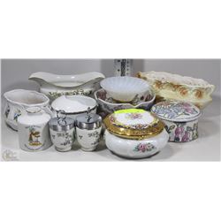 BOX OF ASSORTED GLASS, CERAMIC, PORCELAIN TEA