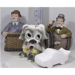 FLAT OF PIGGY BANKS - DOG, CAR, MAN IN BASKET,