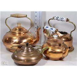 FLAT WITH ASSORTED COPPER TEA POTS