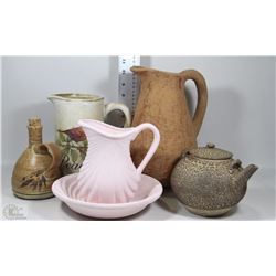 FLAT OF ASSORTED GLASS+CERAMIC WATER JUGS -