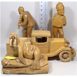 BOX OF HAND CARVED WOOD STATUES - MAN PLAYING