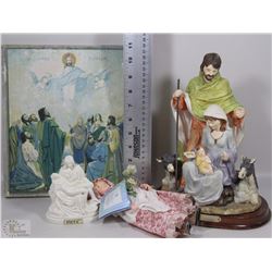 FLAT OF RELIGIOUS FIGURINES AND WALL PLAQUE