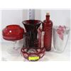 Image 1 : BOX OF ASSORTED CRANBERRY COLORED VASES, BOWLS