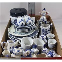 BOX OF BLUE/WHITE DELFT BLUE HOLLAND MADE DISHES,