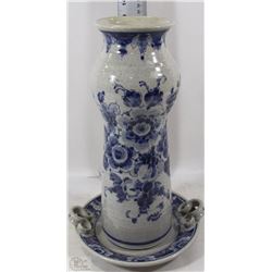 CERAMIC VASE, PLATE WITH BLUE FLOWERS AND STAMPED