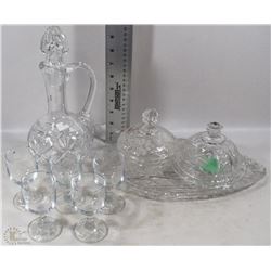 BOX OF CRYSTAL; CANDY DISH, DECANTER, GLASSES,TRAY