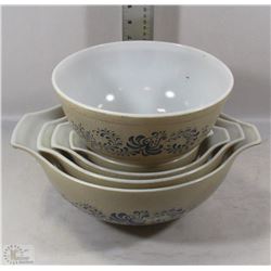 SET OF 5 MATCHING PYREX BOWLS WITH BLUE FLORAL