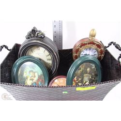 TIN BASKET WITH AS IS MANTLE CLOCKS+2 OVAL FRAMED