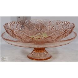 ROSE COLORED GLASS SALAD BOWL+CAKE PLATE