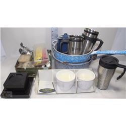 BOX OF ENAMEL CAMPING POTS, TIN OF FISHING LURES,