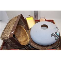 FLAT WITH SQUARE WOOD TRAY, CERAMIC NAVAJO CENTER