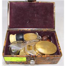 LEATHER JEWELRY BOX WITH OLD MAKE-UP COMPACTS