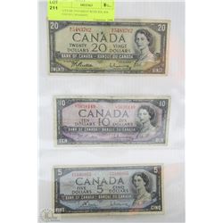 N)YEAR 1954 SHEET WITH $20, $10 AND $5 CANADIAN