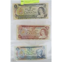 P)YEARS 1973,74,79 SHEET WITH $5, $2  AND $1