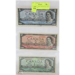 R)YEAR 1954 SHEET WITH $5, $2  AND $1 CANADIAN