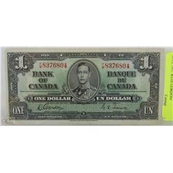 H)ONE DOLLAR CANADIAN BANK NOTE 1937 WITH GORDON/