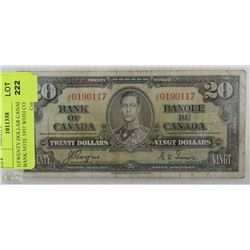 I)TWENTY DOLLAR CANADIAN BANK NOTE 1937 WITH COYNE