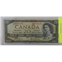 L)TWENTY DOLLAR CANADIAN BANK NOTE 1954 WITH