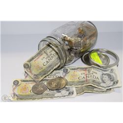 JAR OF COLLECTIBLE MONEY INCLU. ONE DOLLAR BILLS ,