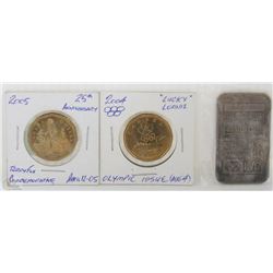 JOHNSON MATHEY FINE SILVER 1 OZ BAR AND 2 LOONIES