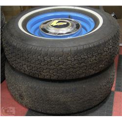 TWO 15" TIRES, WHEELS,HUBCAPS FOR OLDER CHEV