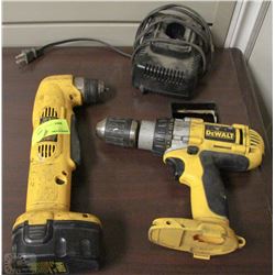 DEWAULT 14.4V CORDLESS DRILL AND RIGHT ANGLE DRILL