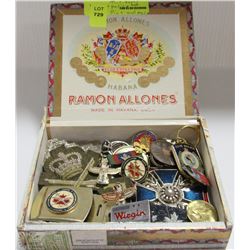 CIGAR BOX W/ MILITARY PINS AND MORE