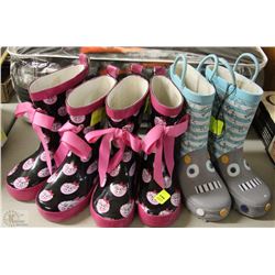 THREE PAIRS OF SZ 9/10 CHILDREN RUBBER BOOTS