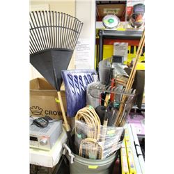 GARBAGE CAN FILLED WITH YARD TOOLS,LANDSCAPE