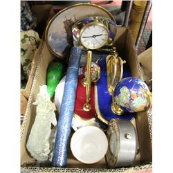 FLAT OF MISC COLLECTIBLE PLATES, WOLF FIGURINE,