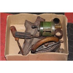 FLAT OF VINTAGE WOODEN SCREWDRIVER,SAD IRON AND