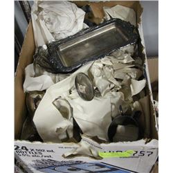 BOX OF ESTATE SILVER PLATED TRAYS AND MISC.