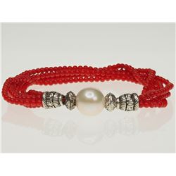 #7-STERLING SILVER PEARL AND CORAL BRACELET