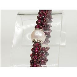 #16-STERLING SILVER GARNET BEAD AND PEARL BRACELET
