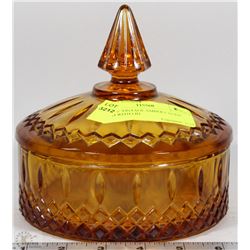 LARGE VINTAGE AMBER CANDY DISH WITH LID