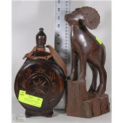 12-1/2" HAND CARVED WOODEN MOUNTAIN GOAT & 10"