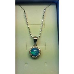ROUND BLUE FIRE OPAL & CZ PENDANT ON CHAIN