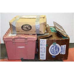 LOT OF ASSORTED SIZES OF TARPS (3 CONTAINERS FULL)
