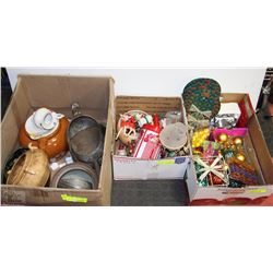 SHELF LOT OF CHRISTMAS DECOR, & ASSORTED HOUSEHOLD