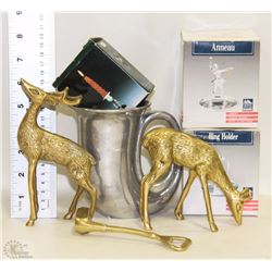 LOT OF COLLECTIBLES INCLUDING THREE BRASS FIGURES,