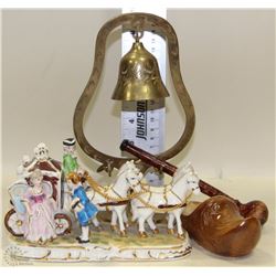 VINTAGE BRASS TEMPLE BELL, PORCELAIN HORSE