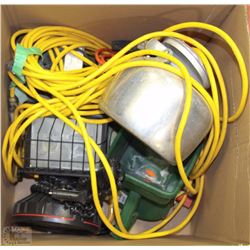 BOX WITH ASSORTED EXTENSION CORDS, HEATER, SPOT-