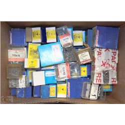 BOX WITH ASSORTED SCREWS, WOODEN, METAL AND MORE